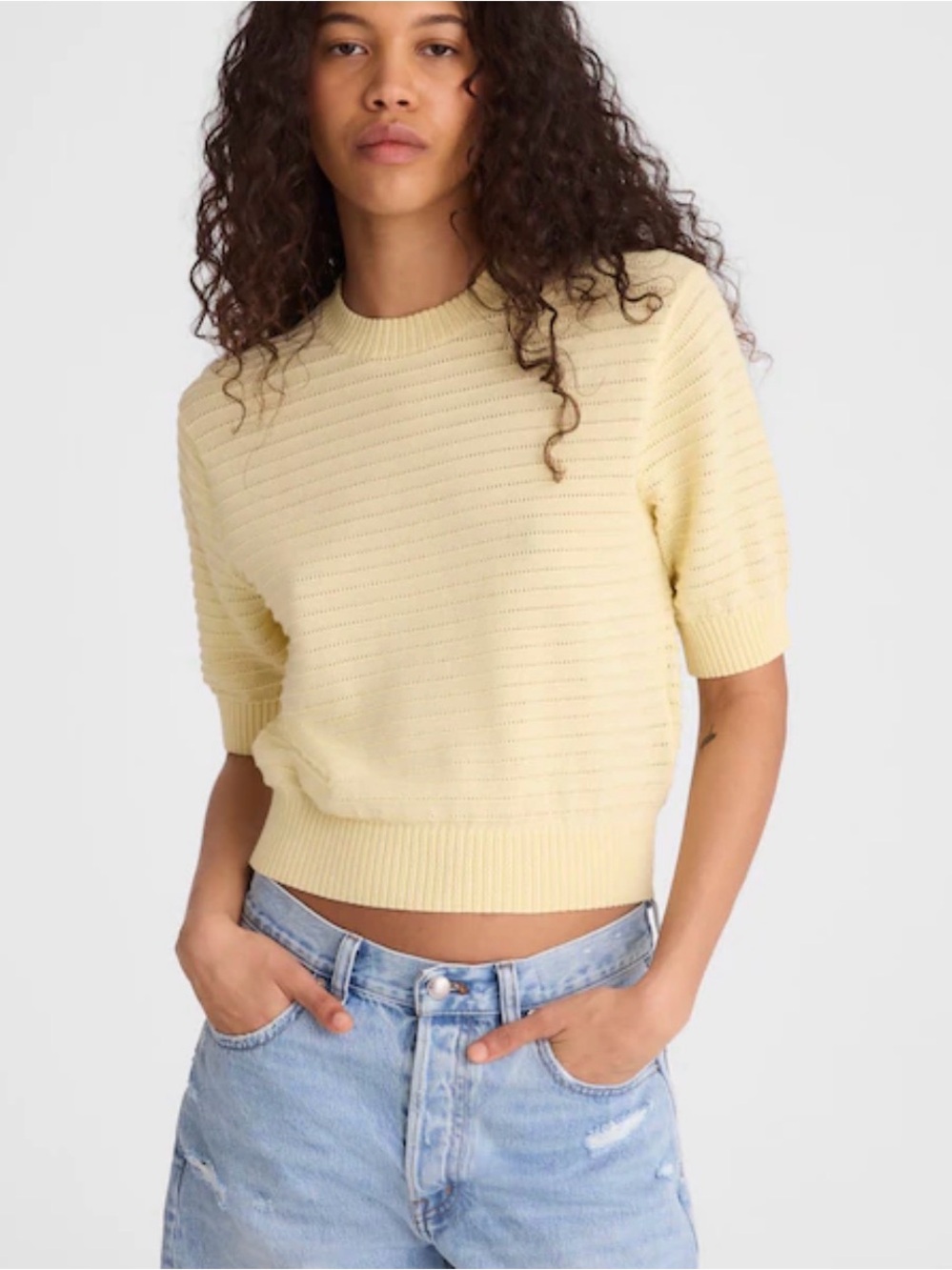 Madewell Textural-Stitch Crewneck Sweater in 100% Cotton Pineapple Yellow Sz.XS